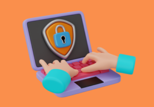 这是一个彩色插图，两只手敲打着笔记本电脑的键盘，屏幕上显示着一个大的挂锁图像.