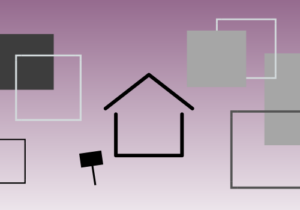 抽象的图像描绘了一个家，一个小木槌和几个装饰性的正方形